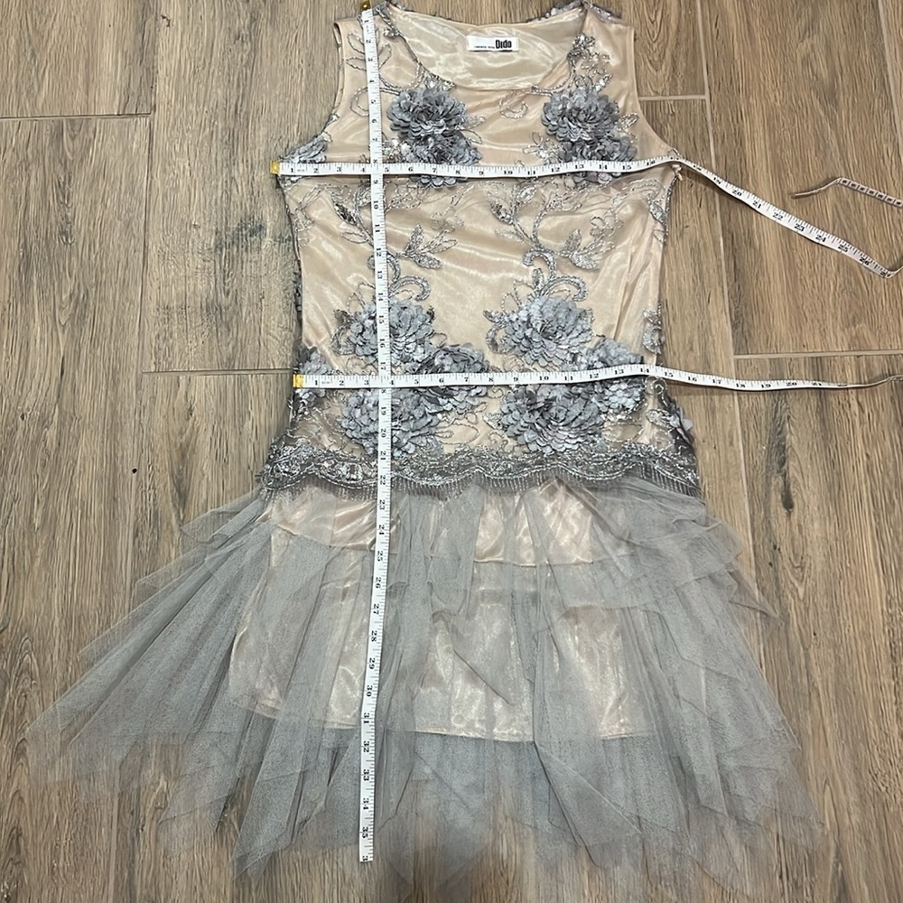 Embroidered Dress Mini Gown Silver Tulle Formal Dance Holiday Party New Years - Picture 11 of 13